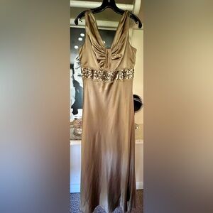 Carmen Marc Valvo Chic Elevated long Gold slip Dress with Sequin Detail